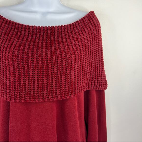 Michael Kors Red‎ Chunky Knit Off The Shoulder Sweater Size 0X High Low Top - Picture 5 of 10